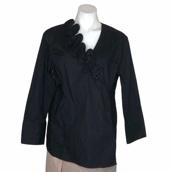 HARVE BENARD Black Cross Ruffled Front Button Shirt Womens Size XL - Picture 1 of 10